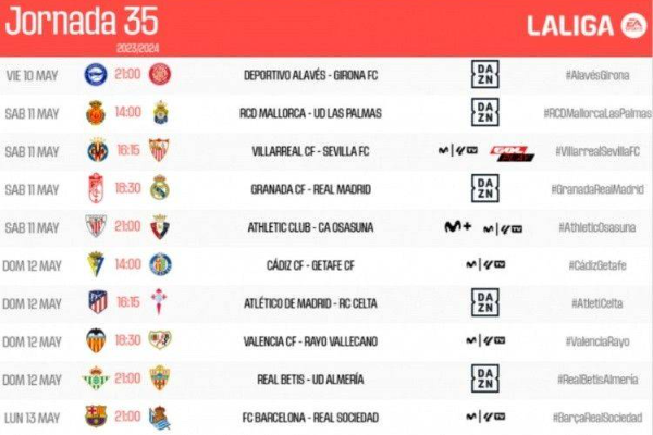西甲聯(lián)賽第35輪和第36輪比賽時(shí)間公布